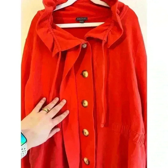 Lilla P. Ruffle Neck Cotton Blend Jacket with Cinched Waist Color Poppy Size XL - Picture 3 of 7